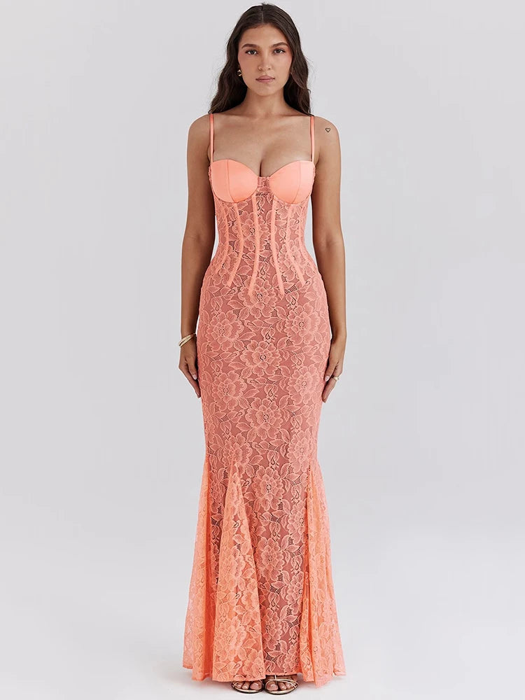 Floral Lace Sexy Maxi Dress For Women Orange Spaghetti Strap Sleeveless Backless Bodycon Club Party Long Dress Elegant