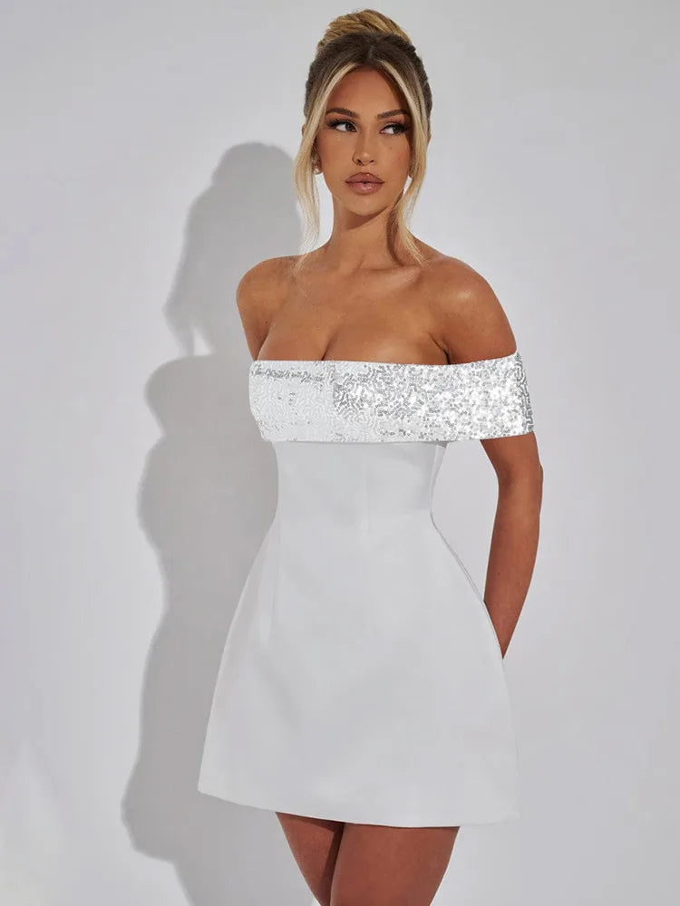 Off-shoulder Sequins Strapless Sexy Mini Dress Women Fashion Sleeveless Backless Sparkle High Waist Club Sexy Dress