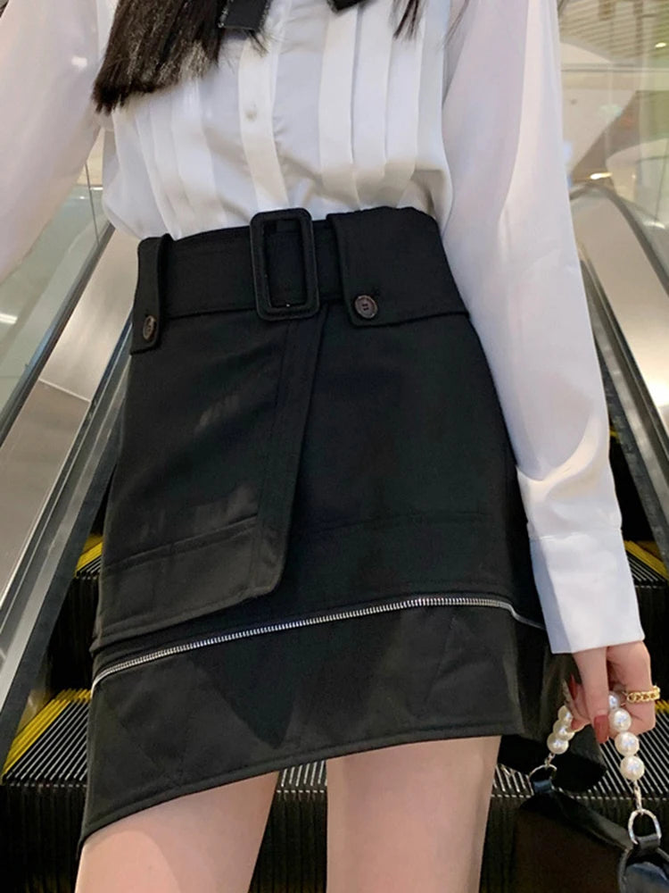 Irregular Hem Solid Skirts For Women High Waist Patchwork Zipper Button Loose Skirt Female Summer Fashion