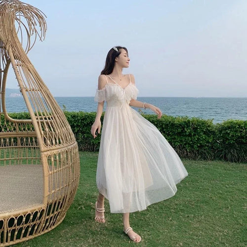 Load image into Gallery viewer, Sweet Kawaii Fairy Princess Mesh Dress Elegant White Spaghetti Strap Off Shoulder Party Dresses Woman Vacation
