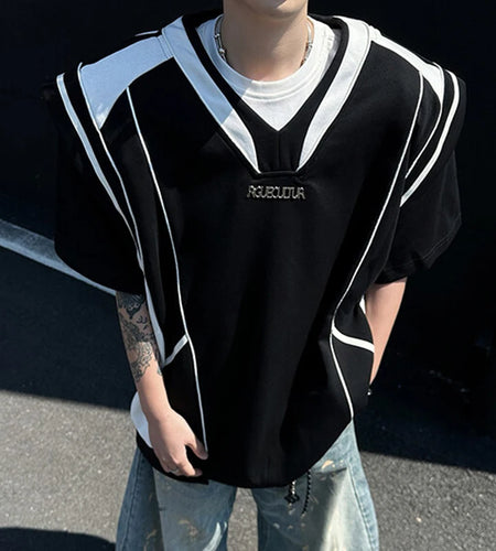 Men's T-shirts Short Sleeve Trendy Contrast Color Shoulder Pad Fake Two-piece Handsome Design Pullover Menwear 9W1703