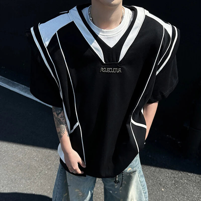 Men's T-shirts Short Sleeve Trendy Contrast Color Shoulder Pad Fake Two-piece Handsome Design Pullover Menwear 9W1703