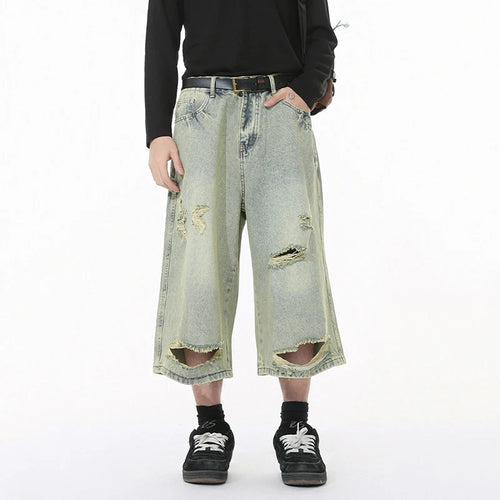 Load image into Gallery viewer, High Street Men's Denim Shorts Irregular Holes Design Solid Color Straight Trousers Wide Leg Summer Male Jeans New 9W1272
