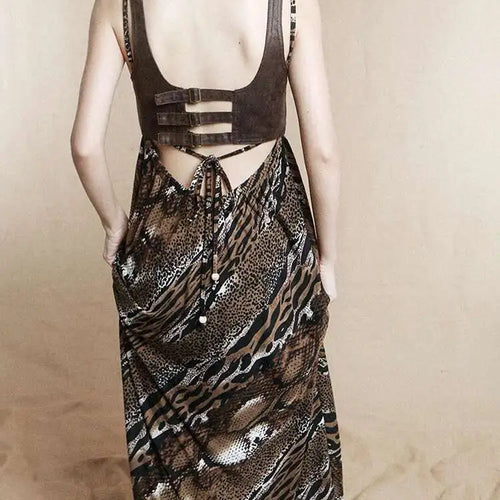 Load image into Gallery viewer, Women Coffee Leopard Printed Long Spaghetti Strap Dress New Square Collar Sleeveless Fashion Spring Autumn 2025 1DH8446
