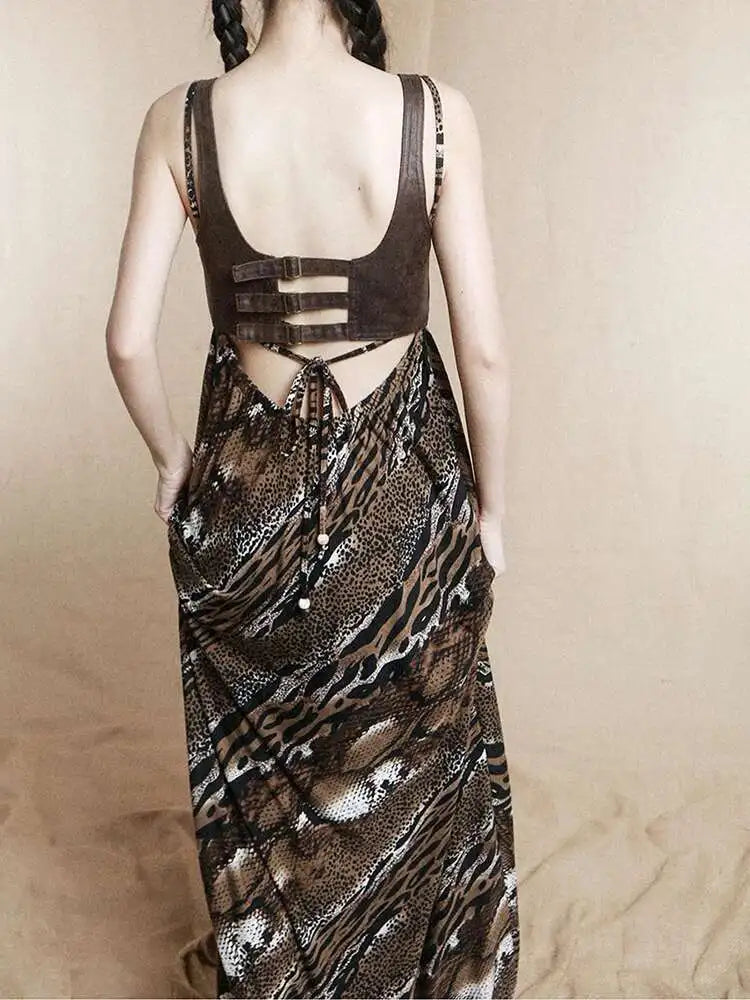 Women Coffee Leopard Printed Long Spaghetti Strap Dress New Square Collar Sleeveless Fashion Spring Autumn 2025 1DH8446