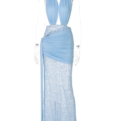 Load image into Gallery viewer, Halter Deep V Neck Sexy Maxi Dress For Women Elegant Fashion Lace Sleeveless Backless Ruched Bodycon Club Long Dress
