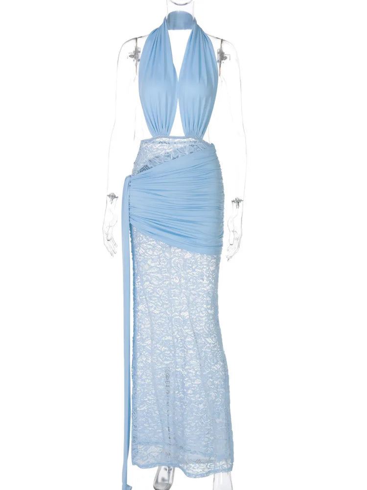 Halter Deep V Neck Sexy Maxi Dress For Women Elegant Fashion Lace Sleeveless Backless Ruched Bodycon Club Long Dress