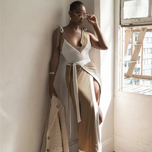 Load image into Gallery viewer, Patchwork Backless Sexy Maxi Dress  Women Fashion Spaghetti Strap V Neck Sleeveless High Split Sexy Long Dress Elegant
