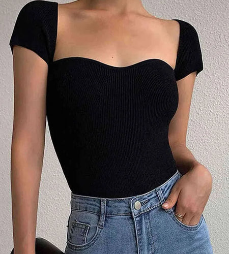 Summer Women's T-shirt Korean Style Slim Knitting Tee Tops Solid Color Short Sleeve Sexy T-shirt Female