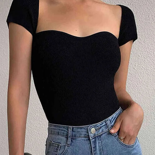 Load image into Gallery viewer, Summer Women's T-shirt Korean Style Slim Knitting Tee Tops Solid Color Short Sleeve Sexy T-shirt Female
