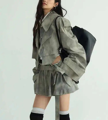 Gray Big Size Jacket Half-body Skirt Two Pieces Suit New Lapel Long Sleeve Women Fashion Tide Spring Autumn 2025 1DH7068