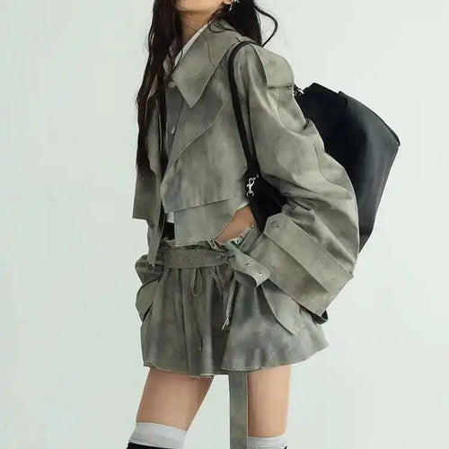 Load image into Gallery viewer, Gray Big Size Jacket Half-body Skirt Two Pieces Suit New Lapel Long Sleeve Women Fashion Tide Spring Autumn 2025 1DH7068
