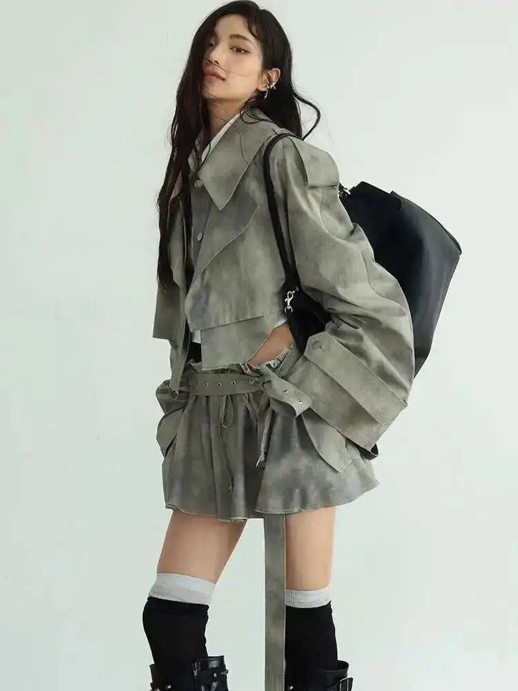 Gray Big Size Jacket Half-body Skirt Two Pieces Suit New Lapel Long Sleeve Women Fashion Tide Spring Autumn 2025 1DH7068