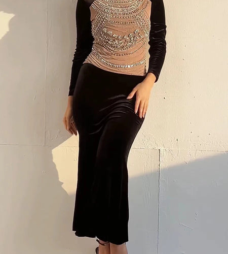 Hit Color Spliced Diamonds Slimming Dresses For Women O Neck Long Sleeve High Waist Temperament Dress Female New