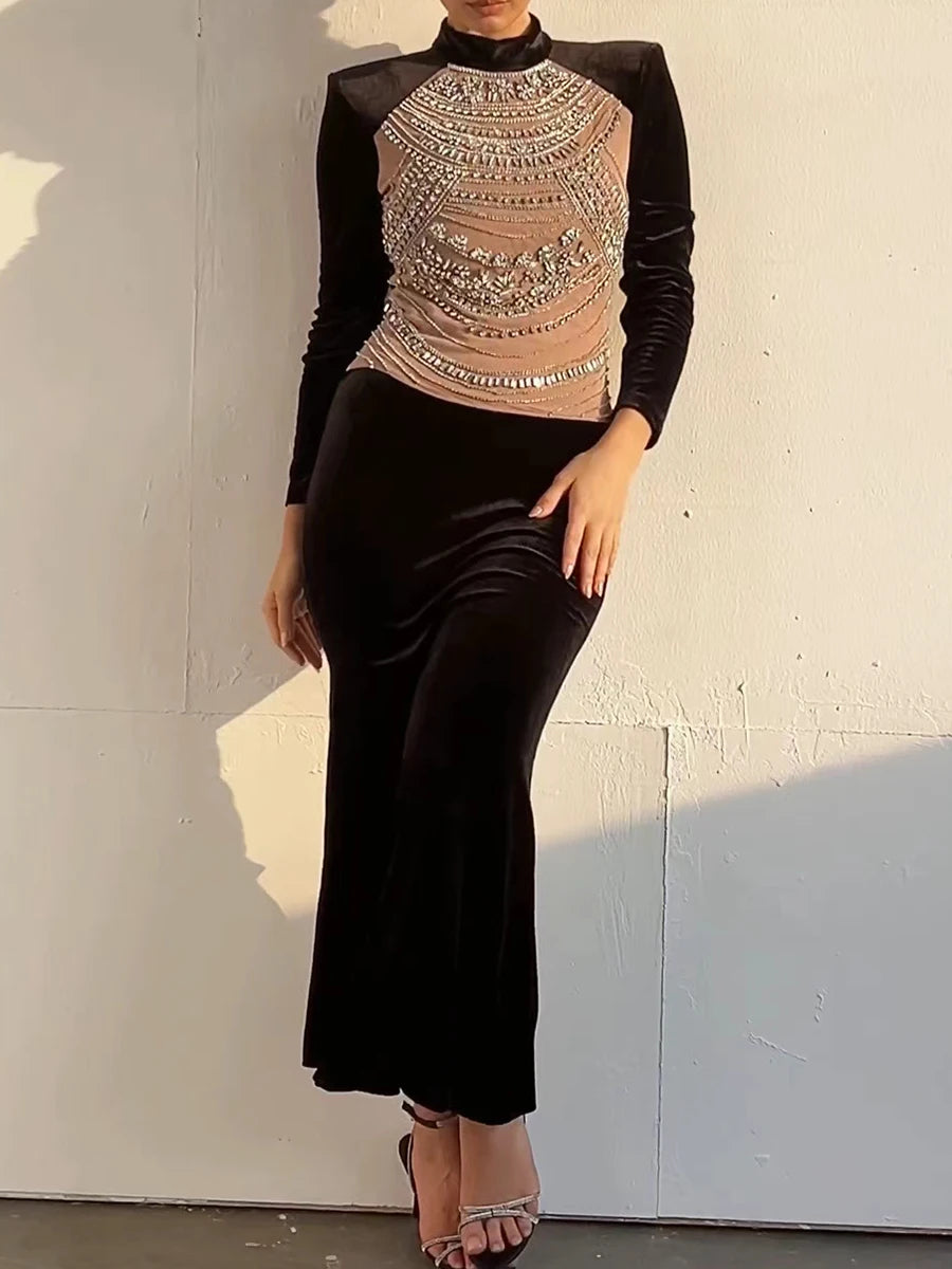 Hit Color Spliced Diamonds Slimming Dresses For Women O Neck Long Sleeve High Waist Temperament Dress Female New