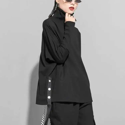 Load image into Gallery viewer, Women Black Irregular Ribbon Big Size Casual T-shirt New Turtleneck Long Sleeve Fashion Tide Spring Autumn 2025 1DF5280
