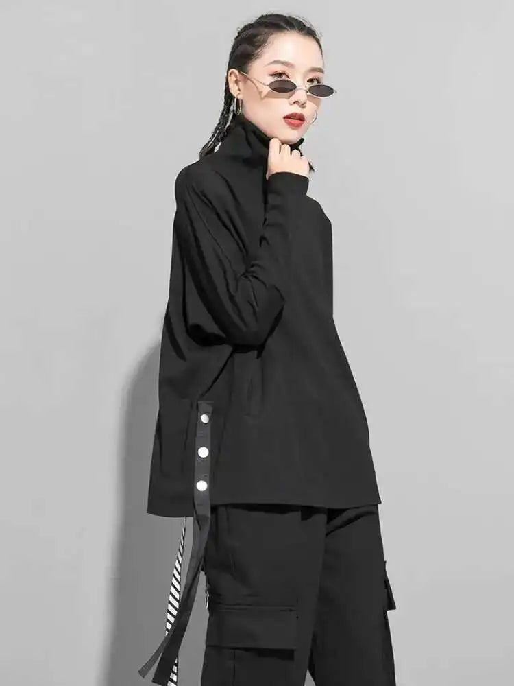 Women Black Irregular Ribbon Big Size Casual T-shirt New Turtleneck Long Sleeve Fashion Tide Spring Autumn 2025 1DF5280