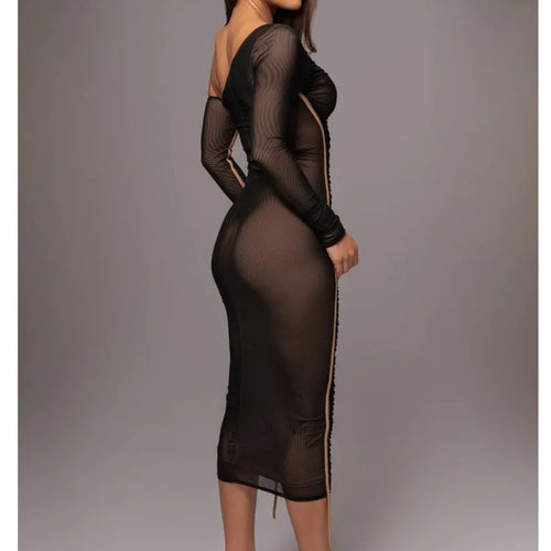 Load image into Gallery viewer, Elegant Long Sleeved Mesh Patchwork Dress For Women Elastic Tight Double Layered Vestidos Sheath Party Evening Dress2024
