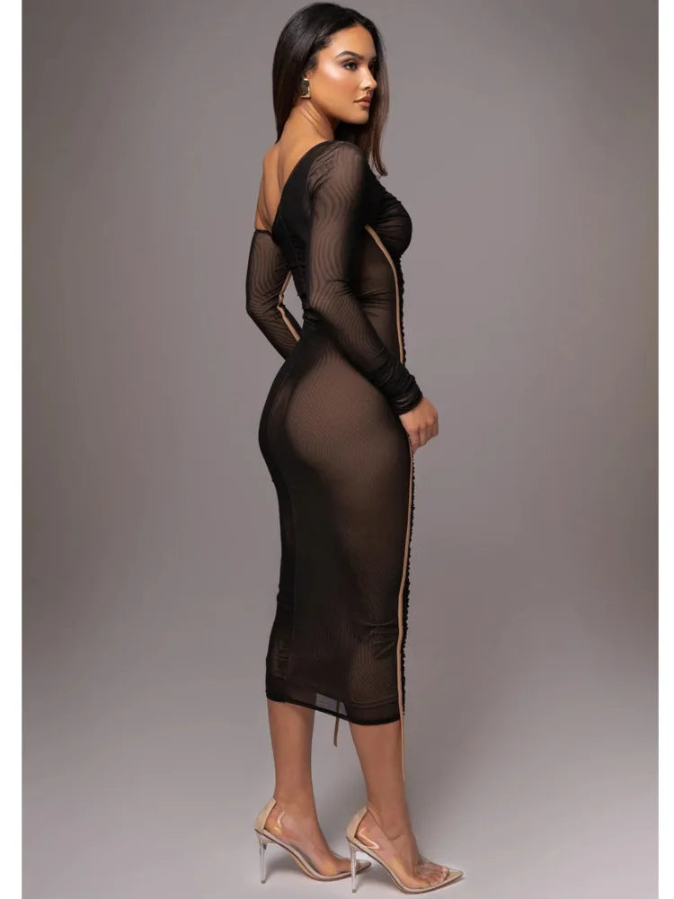Elegant Long Sleeved Mesh Patchwork Dress For Women Elastic Tight Double Layered Vestidos Sheath Party Evening Dress2024