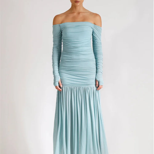 Load image into Gallery viewer, Off-shoulder Strapless Sexy Maxi Dress Women Summer New Patchwork Backless Long Sleeve Pleated Long Dress Elegant
