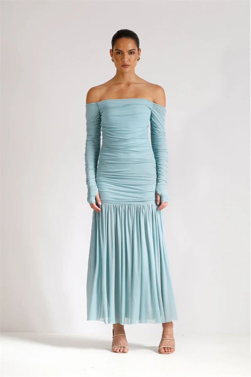 Off-shoulder Strapless Sexy Maxi Dress Women Summer New Patchwork Backless Long Sleeve Pleated Long Dress Elegant