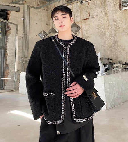 Woolen Personalized Male Coat Casual Chain Decoration Men Solid Color Jackets Thickened Tops 2024 Winter Stylish 9C8954