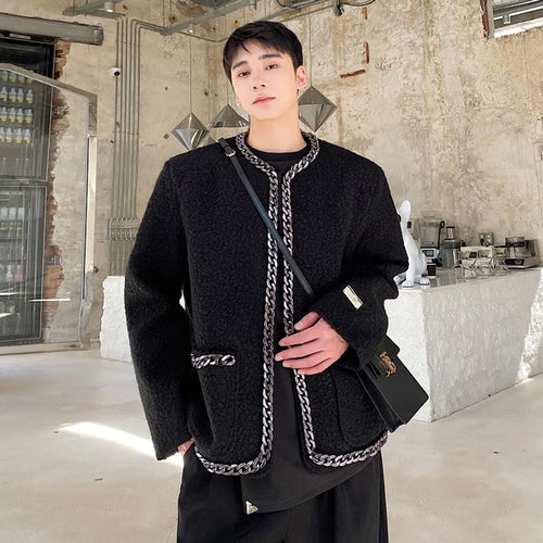 Load image into Gallery viewer, Woolen Personalized Male Coat Casual Chain Decoration Men Solid Color Jackets Thickened Tops 2024 Winter Stylish 9C8954
