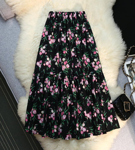 Vintage Floral Print A-line Pleated Long Skirts Summer Women 2023 Casual Skirt Streetwear Elastic Waist Midi Skirt