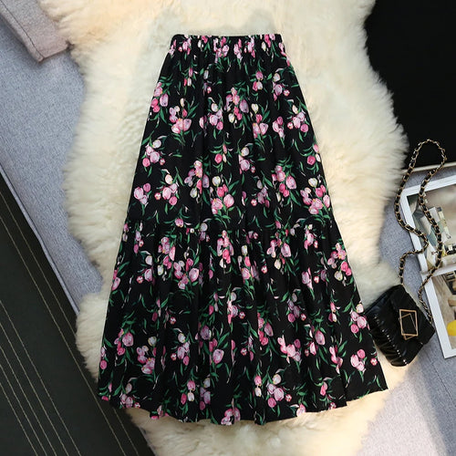Load image into Gallery viewer, Vintage Floral Print A-line Pleated Long Skirts Summer Women 2023 Casual Skirt Streetwear Elastic Waist Midi Skirt
