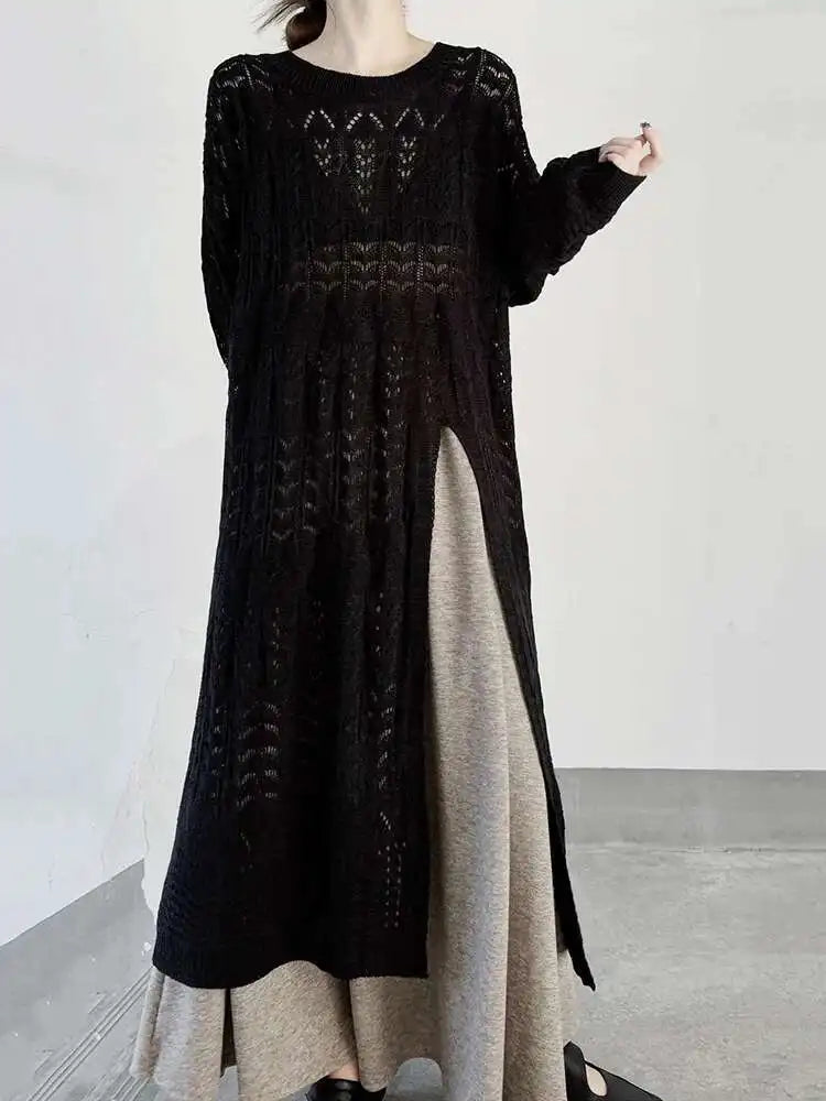 Women Black Big Size  Hollow Out Long Sweater Dress New Round Neck Long Sleeve Fashion Tide Spring Autumn 2025 1DJ0404