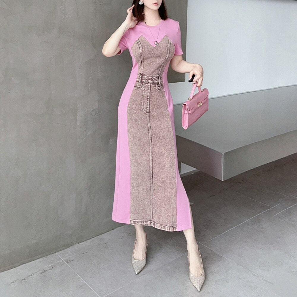 Hit Color Dresses For Women Round Neck Short Sleeve High Waist Tunic Slimming Dress Female Fashion Clothing