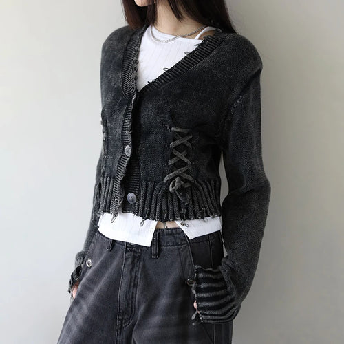 Load image into Gallery viewer, Grunge Vintage Ripped Autumn Cardigan Women Jacket Knitwears Lace Up Knit Sweater Buttons Up Y2K Outwear Distressed
