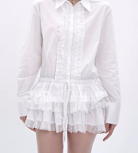 Loose Spliced Ruffles Folds Fashion Shirts for Women Lapel Long Sleeves Patchwork Single Breasted Shirt Female New