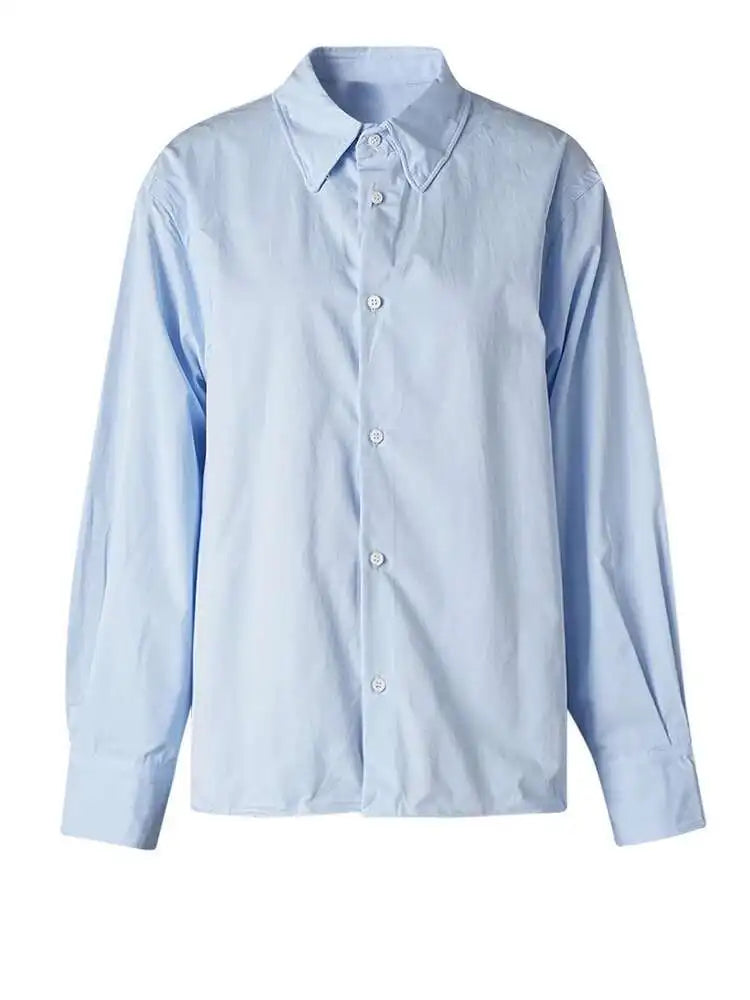 Women Blue Brief Shaped Big Size Casual Blouse New Lapel Long Sleeve Shirt Fashion Tide Spring Autumn 2025 CPG2742