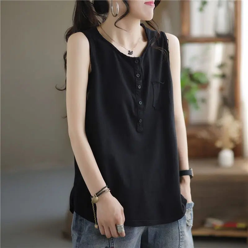 Women's Black Casual Loose Pocket Vest Summer Fashion Brown Sleeveless Buttons Bottoming Tops Large Size Versatile Trendy Tanks