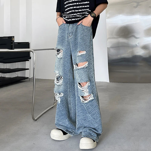 Load image into Gallery viewer, Korean Style Male Jeans Loose Hole Jacquard Pockets Straight Leg Casual Solid Color Men&#39;s Denim Pants New Fashion 9C6572
