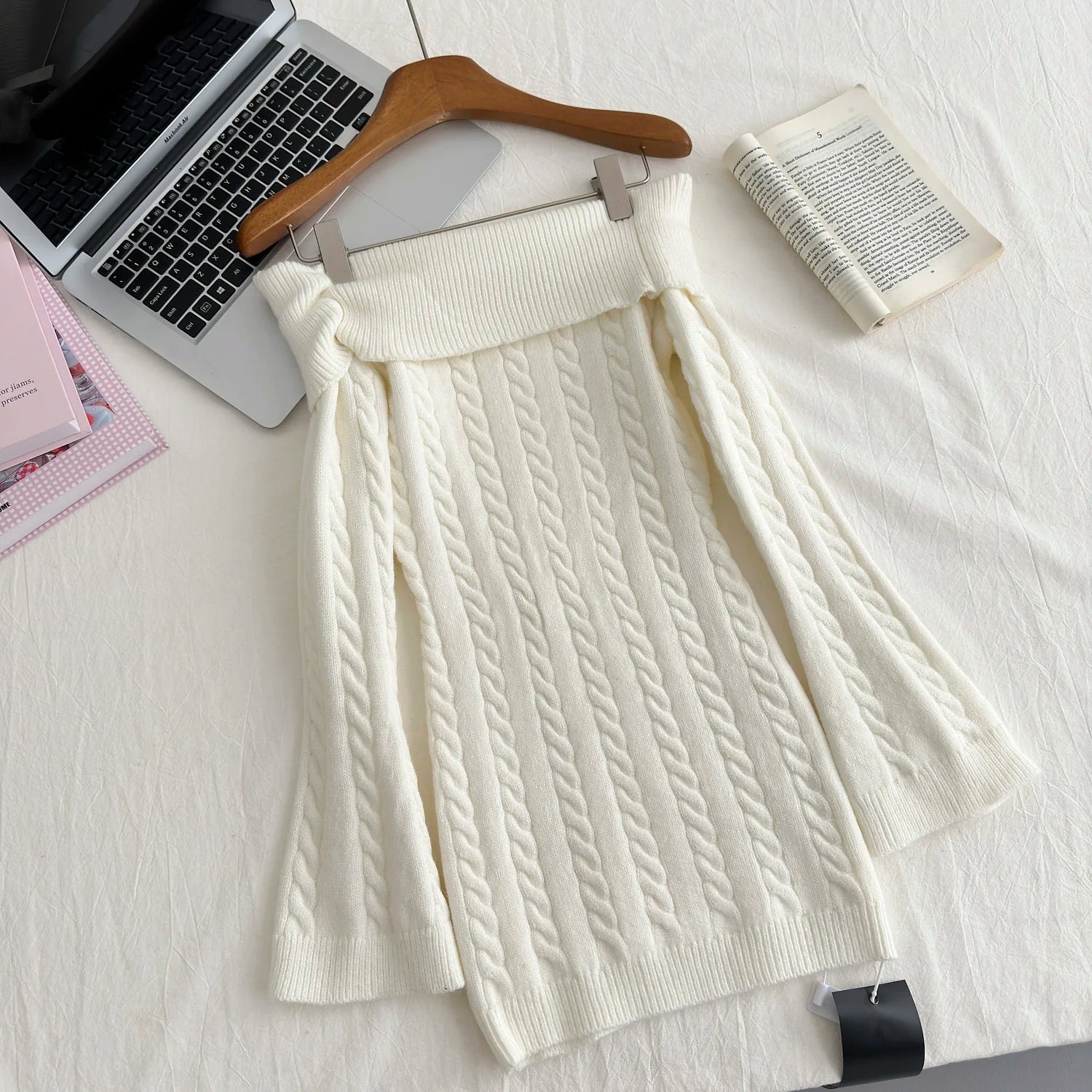 Autumn Winter Korean White Off Shoulder Slim Long Sleeve Twisted Short Dress Women Festival Backless Wrap Hip Knitted Dress Chic