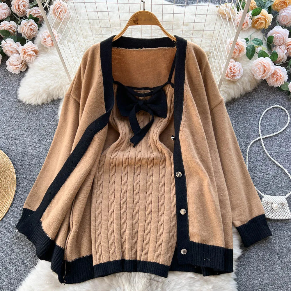 Autumn Winter Patchwork Knit Sweater Suit Single Breasted Cardigan Top+ Strap Bow Twist Bodycon Slip Dress Women Warm Sets Trend