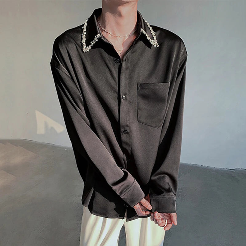 Korean Men's Shirts Long Sleeve New Summer Bead Decoration Turn-down Collar Trendy Single Breasted Male Clothing 9W1701