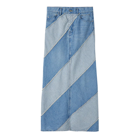 Hit Color Denim Skirts For Women High Waist Patchwork Tassel Straight Vintage Split Skirt Female Fashion Clothing