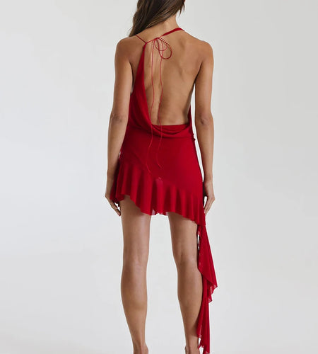 Sexy Hanging Collar Backless Deep V Dress For Women Lace Up Pleats Ruffled Edges Skirt Slim Party Nightclub Beachwear