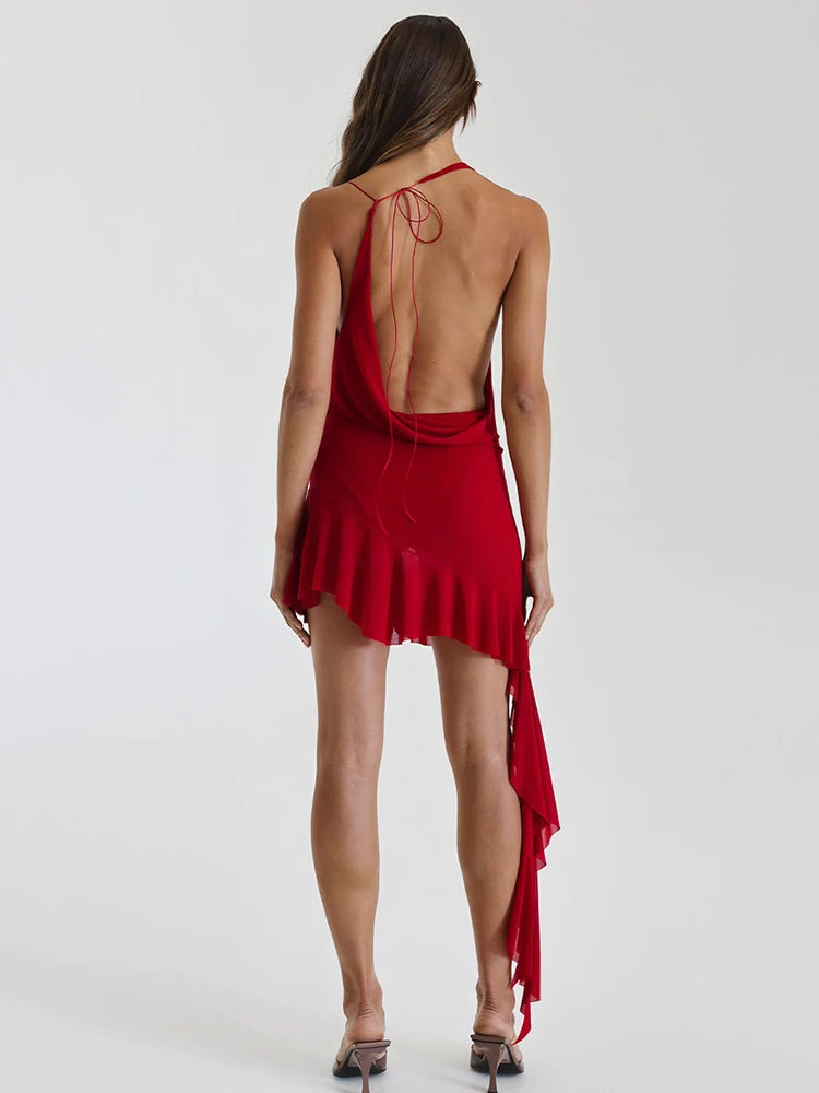 Sexy Hanging Collar Backless Deep V Dress For Women Lace Up Pleats Ruffled Edges Skirt Slim Party Nightclub Beachwear