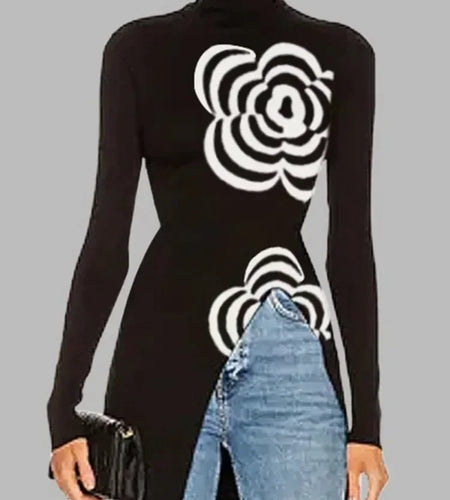 Winter Women's Knitted Pullover Top 2024 Black Flower Design Slim Fit Asymmetric High Neck Long Sweaters for Woman