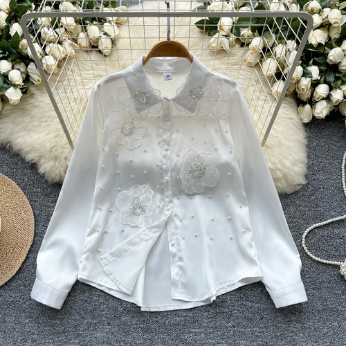 Load image into Gallery viewer, French Retro White Bead Sequin Single Breasted Long Sleeved Women's Shirt Autumn 2024 New Black Embroidered Flower Blouses Tops

