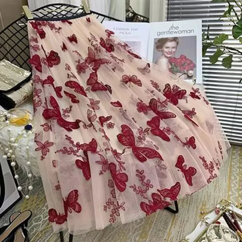 Elastic High Waist Skirt Ladies Summer Vintage Jacquard Butterfly Tulle Skirts Womens Fashion Embroidery Mesh Midi Skirt Women