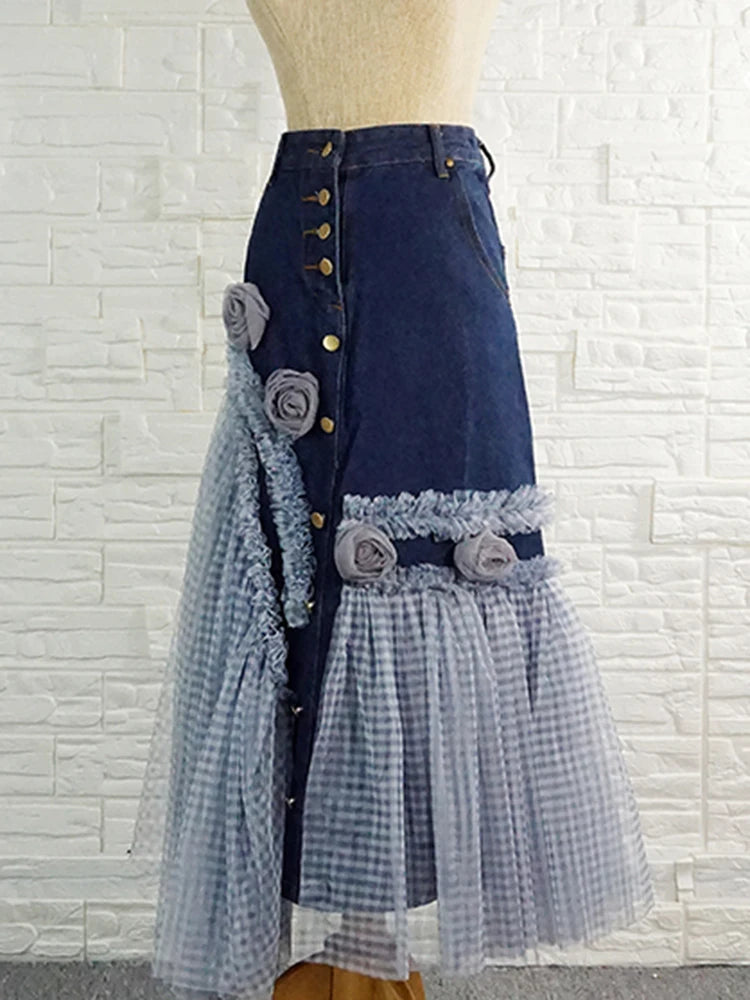 Colorblock Patchwork Mesh Denim Skirts For Women High Waist Spliced Appliques Slimming Bodycon Skirt Female