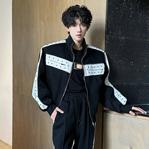 Load image into Gallery viewer, Men&#39;s Jacket Rivets Design Contrasting Color Stand Collar New Korean Shoulder Pad Jackets Multi Zippers Spring 2025 9W1344
