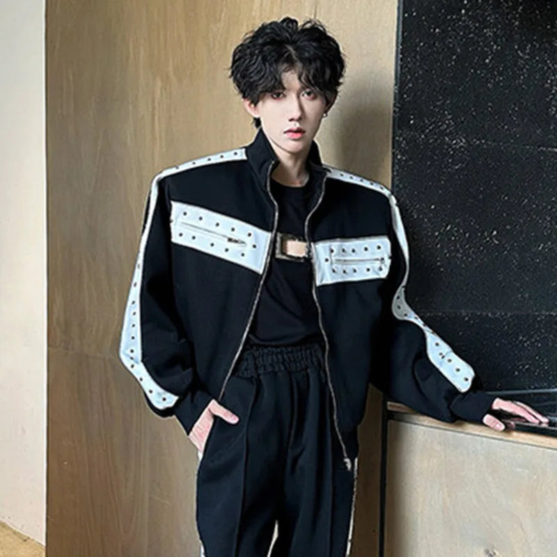 Men's Jacket Rivets Design Contrasting Color Stand Collar New Korean Shoulder Pad Jackets Multi Zippers Spring 2025 9W1344