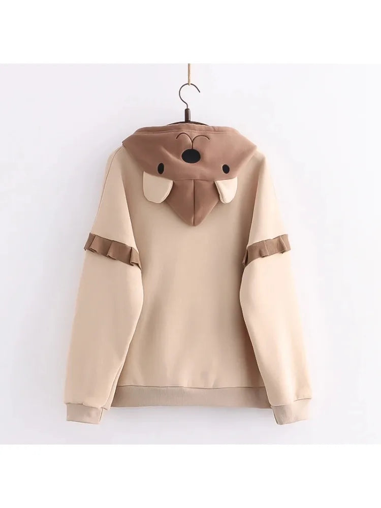 Women Cute Drawstring Bear Embroidery Fleece Hoodies Winter Korean Fashion Harajuku Hoody Sweatshirt Female Pullover Top