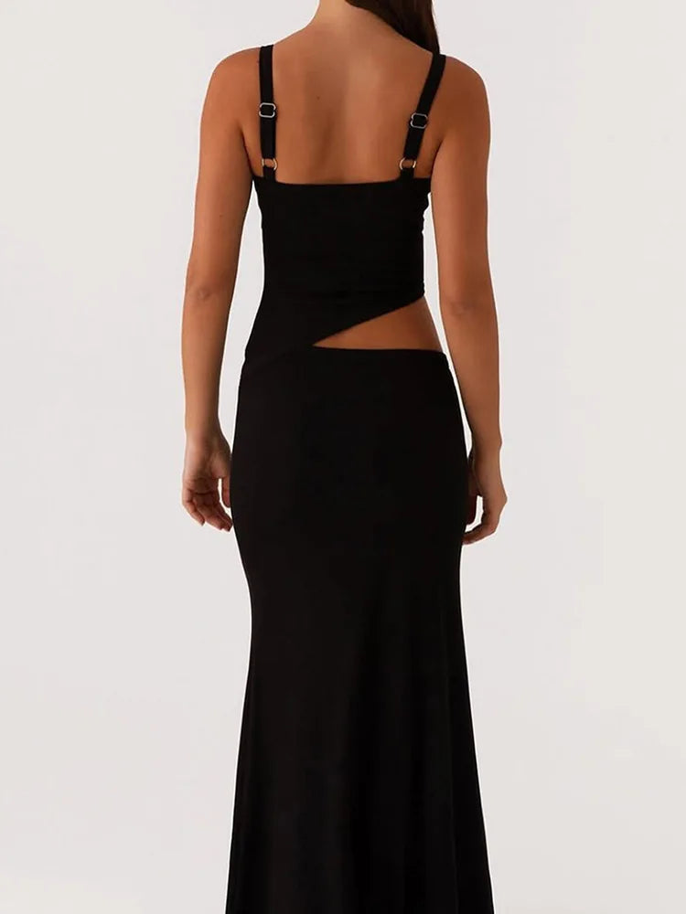 Hollow Out Backless Sexy Maxi Dress Women Gown Spaghetti Strap Sleeveless Irregular Slim Club Long Dress 2025 Summer
